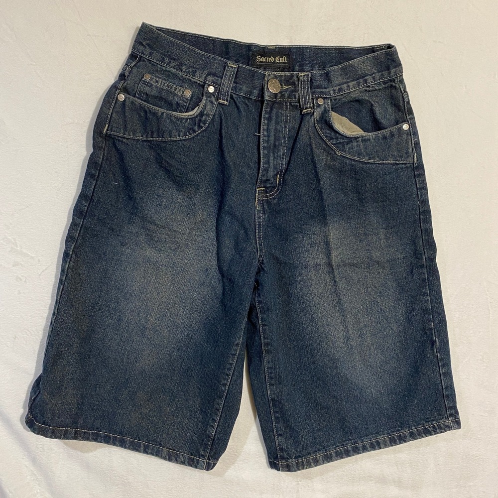 Sacred Cult Mens Y2K Baggy Denim Shorts Size 32 Dark Wash Embroidered Streetwear